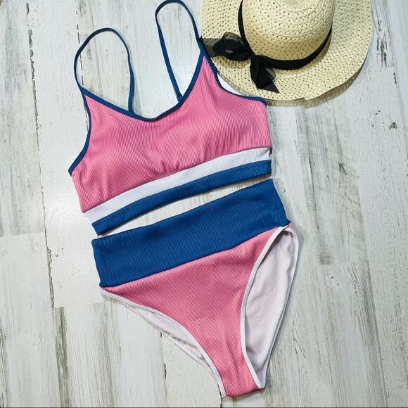 Ribbed Bikini High-Waisted Adjustable Spaghetti Straps - Picture 1 of 6